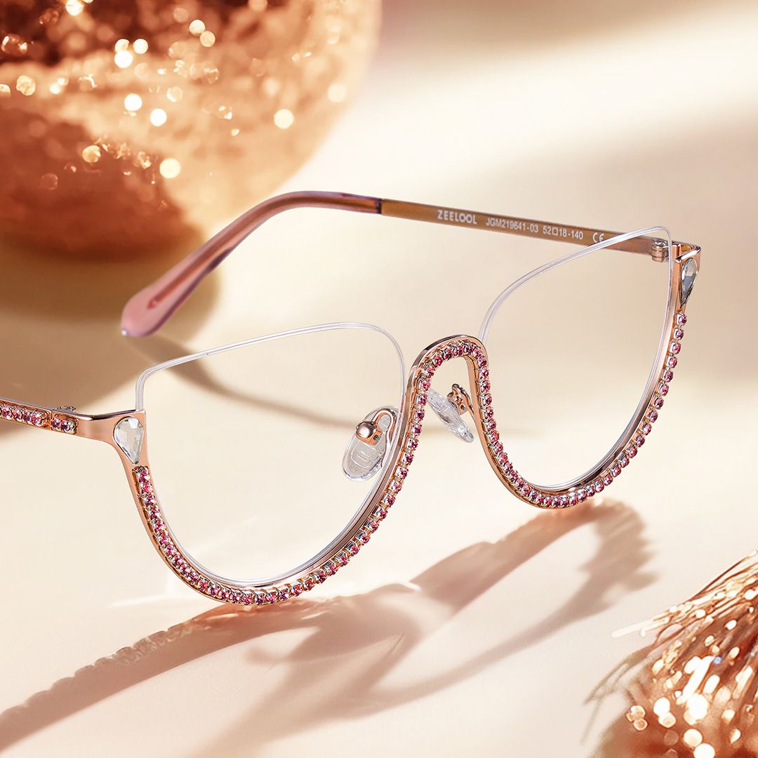 Half Frame Cat Eye Glasses With Shiny Pink Diamonds0