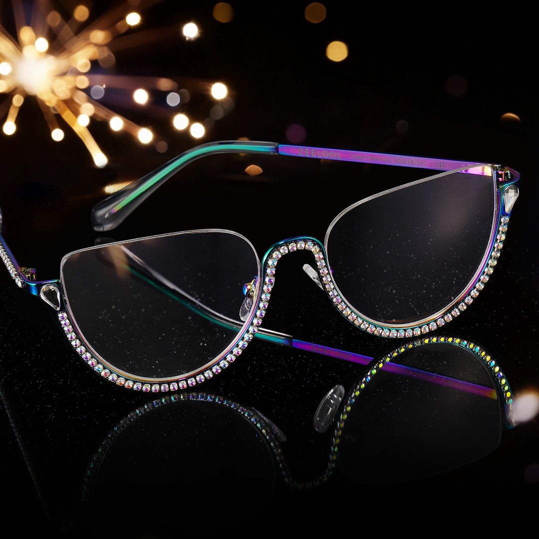 Sparkle Cat Eye Iridescent Half Frame Glasses With Shiny Diamonds0